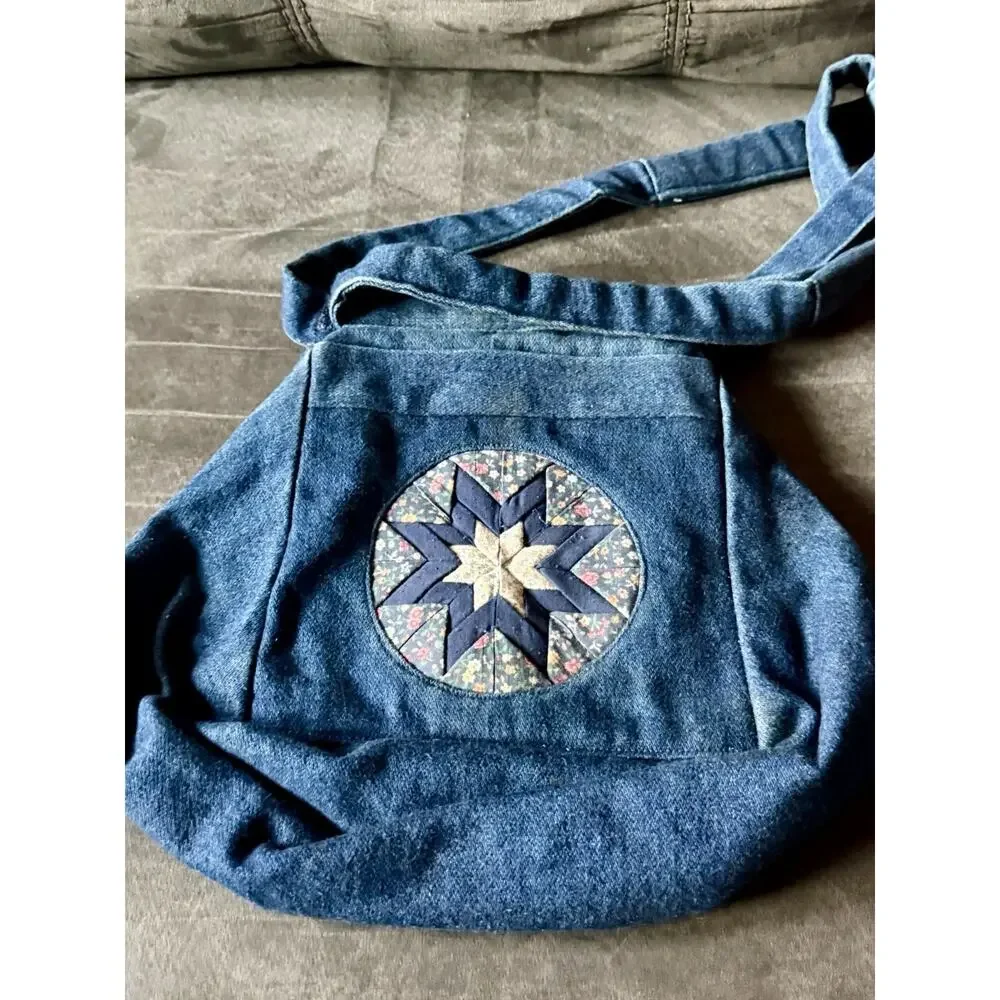 Handmade Denim Crossbody Shoulder Purse Folded Star Patchwork Floral Calico OOAK